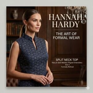 Hannah Hardy Split Neck Top Size 4 Navy Gold Metallic‎ Embroidery Formal Dressy